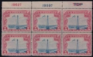 US Airmails # C11 Pl.ate Block of 6 with double "Top", scarce!