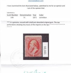 US Bank Notes #149 Mint Hinged Average Sound Part OG Crowe Cert. CV as no Gum Cat Value $290