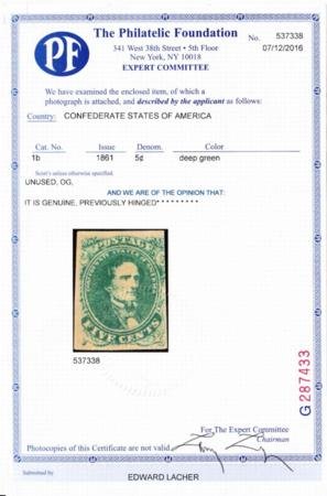 INV-30272x1_cec91c2c-43fe-482b-8c60-e3d92df1fcf2 US Confederate States of America #1b Dark Green 3 3/4 Margins, Full fres OG PF Cert Cat Value $375