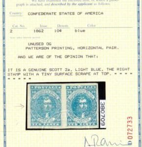 US Confederate States of America #2a Mint LH XF Light Blue, Paterson Printing , Pristine, Fresh OG, Barely Hinged PFC For pair Beautiful SMQ $575