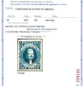 US Confederate States of America #2b Mint H VF-XF Hoyer & :Ludweig Printing, $ Large Margins, Fresh OG, PF 85 Cert Est. $825