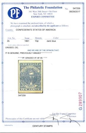 INV-30276x1_75c503a4-71d1-4d75-822a-9983bc3e8df9 US Confederate States of America #2b Mint LH VF-XF Dark Blue, Patterson Printing, 4 Large Margins, Nice, Heavily Inked Impression, Fresh OG, PF 85 Cert, Spectacular! Est. $850