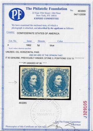 INV-30279x1_6d933677-3965-4934-a307-f02ede623786 US Confederate States of America #4 Mint LH XF Stone 3 4 Large Margins, Fresh OG PF Cert for pair this pos 12 grade 90 Scott as Normal Among the Finest known! est SMQ $1500 as 90