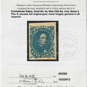 US Confederate States of America #4a Mint NH VF-XF Top Sheet Margin, PF 85 Cert + APS Cert notes pos 6 noted on QF Cert Unlisted Plate Scratch UL Est SMQ $725