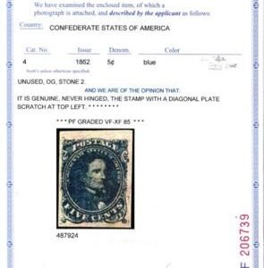 US Confederate States of America #4a Mint NH VF-XF Top Sheet Margin, PF 85 Cert + APS Cert notes pos 6 noted on QF Cert Unlisted Plate Scratch UL Est SMQ $725