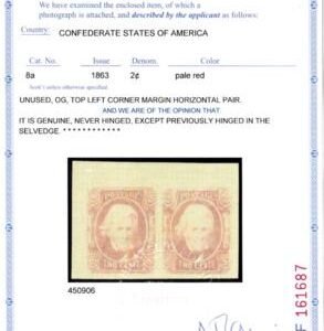 US Confederate States of America #8a Mint XF-Superb Pale Red Paid, Pristine OG, Left Stamp would be a truly superb Jumbo single est SMQ $600