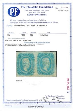 INV-30287x1_c8ed9382-775b-4068-831c-55b6db62bfde US Confederate States of America #11a Mint LH Superb, Milky Blur Pair with the right Stamp a superb Jumbo PF Cert est SMQ $300