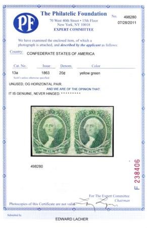 INV-30292×1-1 US Confederate States of America #13a Mint NH VF Pristine OG NH Pair PFCert est SMQ $250
