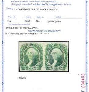 US Confederate States of America #13a Mint NH VF Pristine OG NH Pair PFCert est SMQ $250