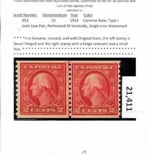 US George Washington and Ben Franklin #453 Mint F-VF Line pair, Left NH, Right Thin speck LH Crow Cert. Left Stamp NH VF 85 Jumbo SMQ450  Cat Value for lot 675