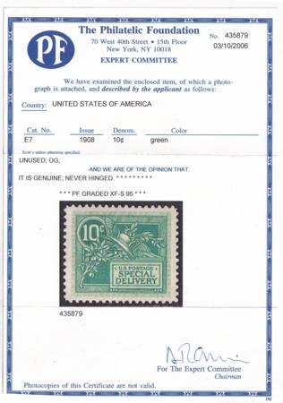 INV-30371×1-1 US Special Delivery #E7 NH XF With PF Cert: MNH, XF-SUP-95 Cat Value $525