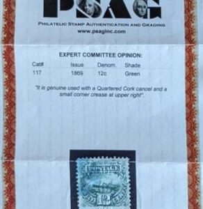 US 1869 Pictorials #117 USED XF Faint corner crease UR PSAG cert Beautiful appearance with nice blue cancel Cat Value  $255