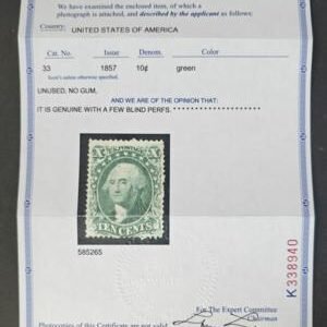 US Classics #33 Mint NG F Sound. Cert mentions a few natural blind perfs, very fresh for this scarce unused stampCat Value: $2000