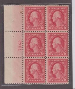 US Washington - Franklin #463 NH F Left Side Plate Block Plate 7942 Plate 7942 is source of 5c carmine error #463 Cat Value: $250
