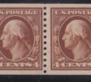 US Washington - Franklin #446 Hinged F - VF 4c perf 10 coil pair, Sound, lightly Hinged Cat Value: $300