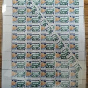 US Modern #1150 1960 water conservation issue, full upper left pane of 50 with partly unprinted right vertical column. Embossed imaged of missing color appear in unprinted portion. Includes segment at overlapping pane causeing this to happen. Unique