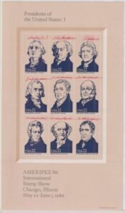US Modern #2216q var   Ameripex '86 Miniature sheet, Presidents of the United States: I double impression of red with additional 26mm tagging shift to right Nos 1,4,7 partially tagged with 2021 PF Cert rare! Cat Value: $600+