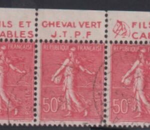 France Sc 146var #YV199a Used F strip of 3 with ads (Horse) Cat Value: $7/E6.00