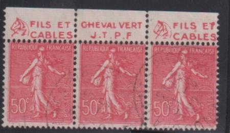 INV-32075itExt_ffd93f6f-7ad5-491d-b814-77f1ceef5484 France Sc 146var #YV199a Used F strip of 3 with ads (Horse) Cat Value: $7/E6.00