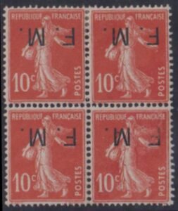 France #M5a LH F - VF Inverted overprint Sc M5a $105 each stamp, $300 for block, Cat Value: $140/130 each stamp