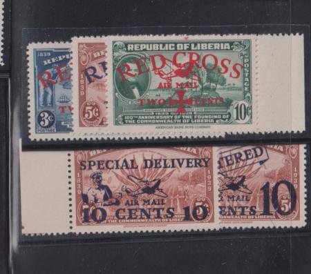 INV-32237itExt_76c86a29-1077-46fe-ac3b-be9a815a10a1 Liberia #B16-18, E1, F35 Mint NH VF All with plane & Airmail Overprint