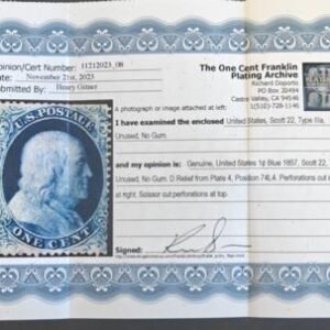US Classics #22 Mint F Type IIIa No Gum Clipped Perfs top & right Doporto Cert pos 74L4 Cat Value: $850