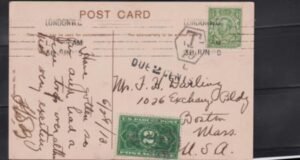 US /GB  US Postage Due #JQ4 XF on 1/2d London PPC to Boston ,T-10 = 2C  postage Due with JQ4.   (Cancelled Over perf over card LR ) Cat Value: $225