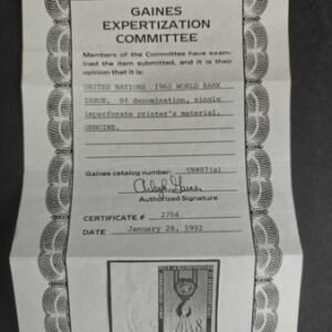 U.N. #Gaines 87c NH Mint XF Left Margin Imperf Single, Gaines Cert Cat Value: $200