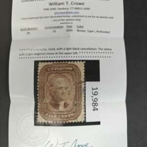 US Classics #29 Used F - VF Faint Diagonal crease UL Light cancel Crowe Cert Cat Value: $325