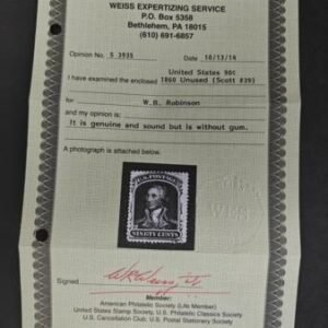 US Classics #39 Mint F - VF No gum, Weisz Cert Cat Value: $1400 as no gum