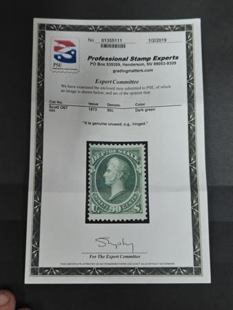 INV-32982×1-1 US Officials #O67 Mint Hinged F PF Cert Fresh Cat Value: $1100