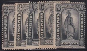 US Newspaper Stamps #PR9-13 Mint  AVE - F No gum PR10 straight edge PR13 crease Cat Value: $700