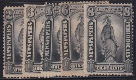 INV-32988itExt_408c02b9-00f2-4042-a07f-06f5265be794 US Newspaper Stamps #PR9-13 Mint AVE - F No gum PR10 straight edge PR13 crease Cat Value: $700