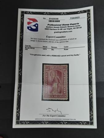 INV-32990×1-1 US Newspaper Stamps #PR18 Used F - VF PSE Cert Used, cancel removed tiny flaws Cat Value: $240