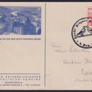 Austria 1936 Saltzburg Postal Card with Rare Pictorial Cancel of Kissing Pigeons