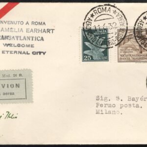 Italy 1932 Airmail Cover to Milan Welcoming Amelia Earhart