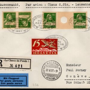 Switzerland 1927 Registered Airmail Cover with Zumstein S26 Interspace Pair