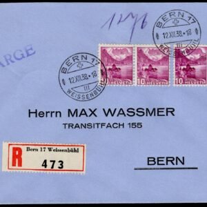 Switzerland 1938 Zum. 203z Double Print Variety on Registered Cover to Bern, Certificate