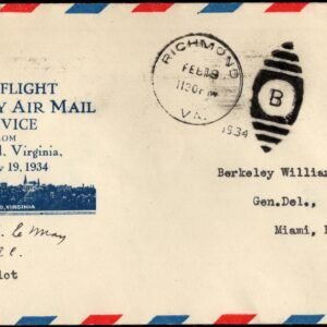 US 1934 First Flight on UC7 from Richmond VA Signed by Pilot Curtis LeMay