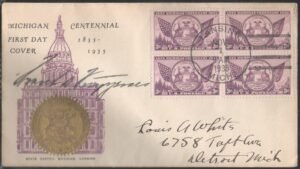 US 775 Block of 4 on FDC Signed by Governor Frank D. Fitzgerald of MI
