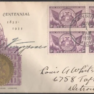 US 775 Block of 4 on FDC Signed by Governor Frank D. Fitzgerald of MI