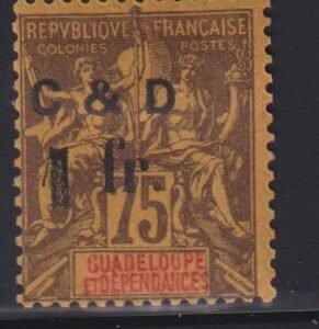 French Colonies and French Area - Guadeloupe #49a Hinged Mint  F 1Fr is Yv type s +C instead of G