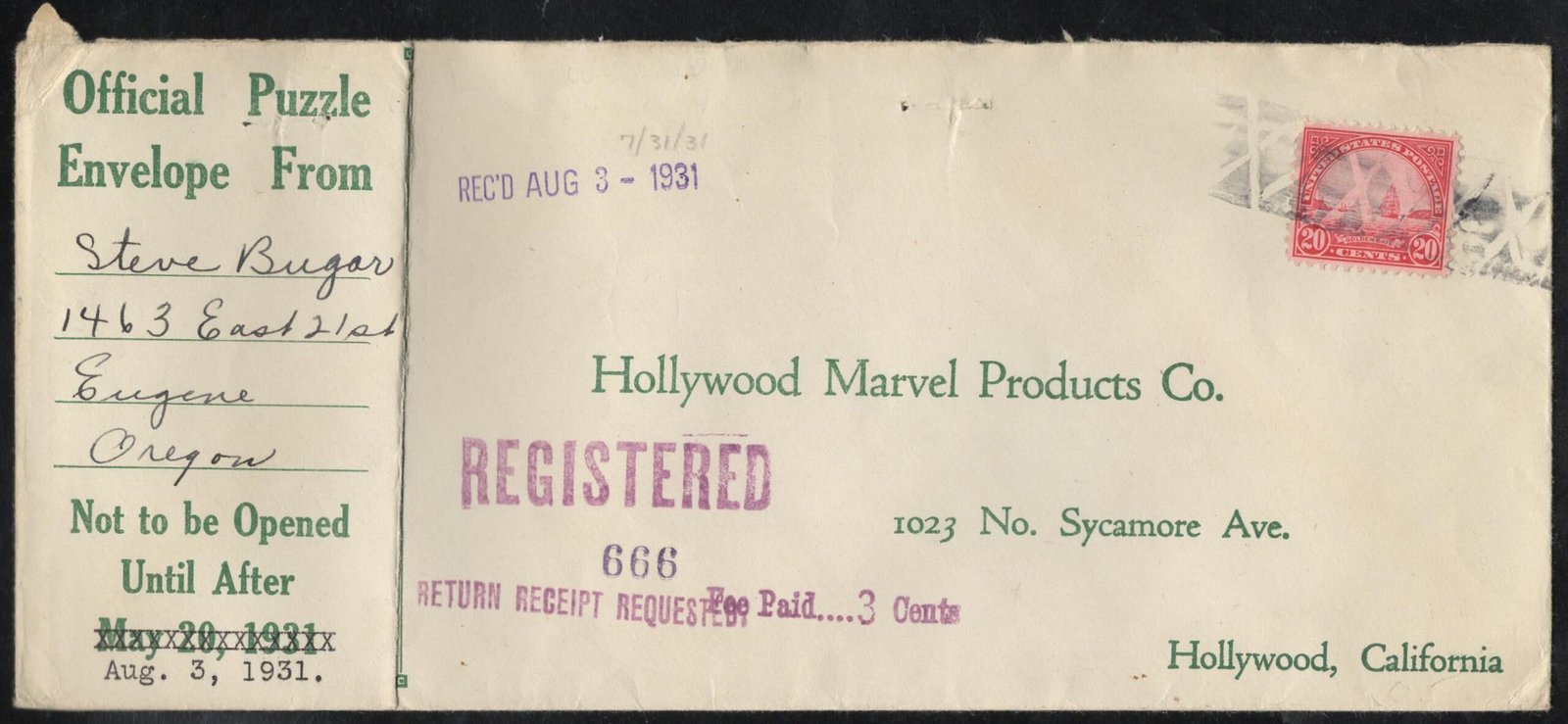 US  Oregon, Eugene 698 on Registered Fancy Cancel Cover, Geometric