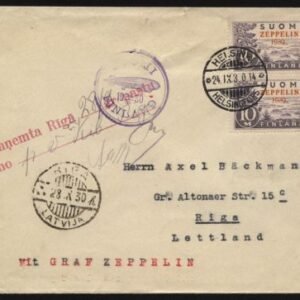 Finland 1930 Baltic Sea Flight to Latvia with Two Zeppelin Stamps