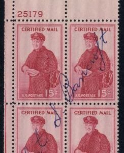 US FA1 Autographed Plate Block, R. Bancroft, employee pictured
