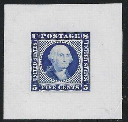 US 115E1k Essays and Proofs XF Mint 5 cent Washington 41x40 mm Die Proof on Glazed Paper in a Rich Royal Blue - Truly Beautiful