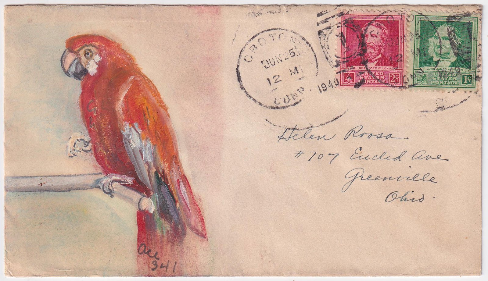 US 1940 Cover with #874 & 875 with Large Hand Painted Cachet of Orange Parrot