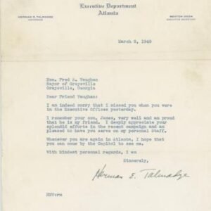 US 1949 Autographed Letter from Governor Herman Talmadge