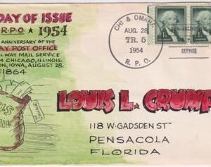 US 1954 1031 FDC for 90th Railroad  P.O. Anniversary, Hand painted cachet