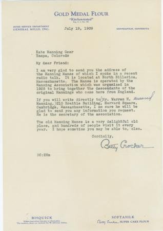 US 1939 Autographed Letter from Betty Crocker
